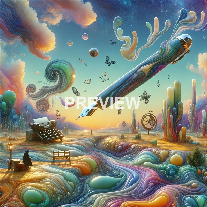 A surreal, colorful landscape featuring a giant, swirling fountain pen with a fluid, marbled design, surrounded by floating butterflies, clouds, and abstract elements, with a person sitting on a bench and a vintage typewriter on the ground.